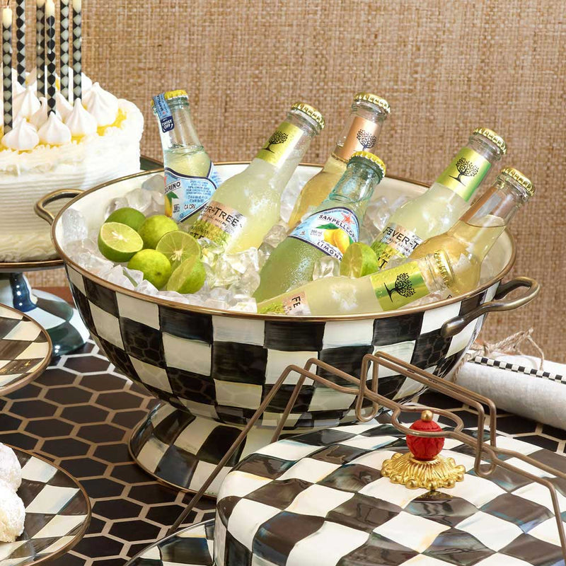 Mackenzie-Childs Courtly Check Enamel Everything Bowl used as an ice bucket with cold drinks and ice