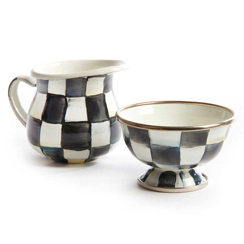 Mackenzie-Childs Courtly Check Enamel Little Creamer with Mackenzie-Childs Courtly Check sugar bowl