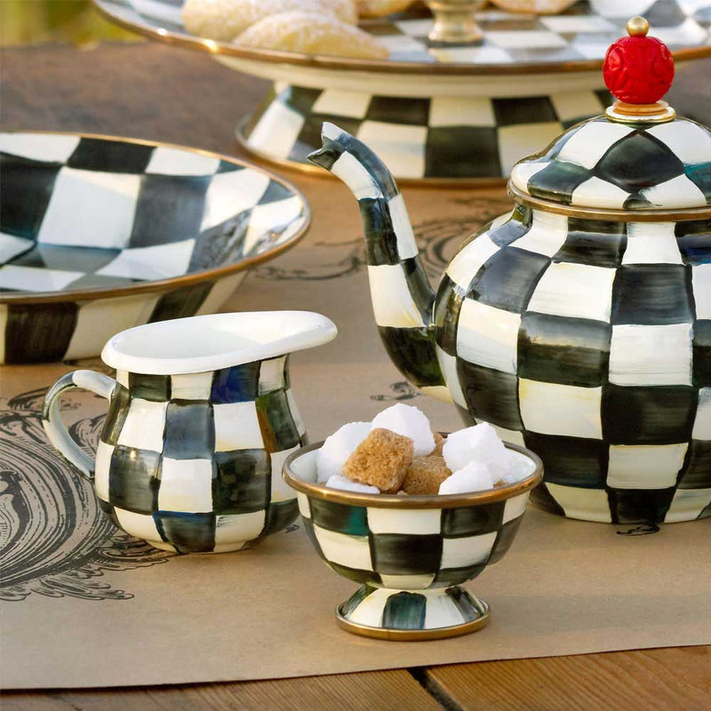 Mackenzie-Childs Courtly Check Enamel Little Creamer ith Mackenzie-Childs Courtly Check sugar bowl and Mackenzie-Childs Courtly Check tea kettle