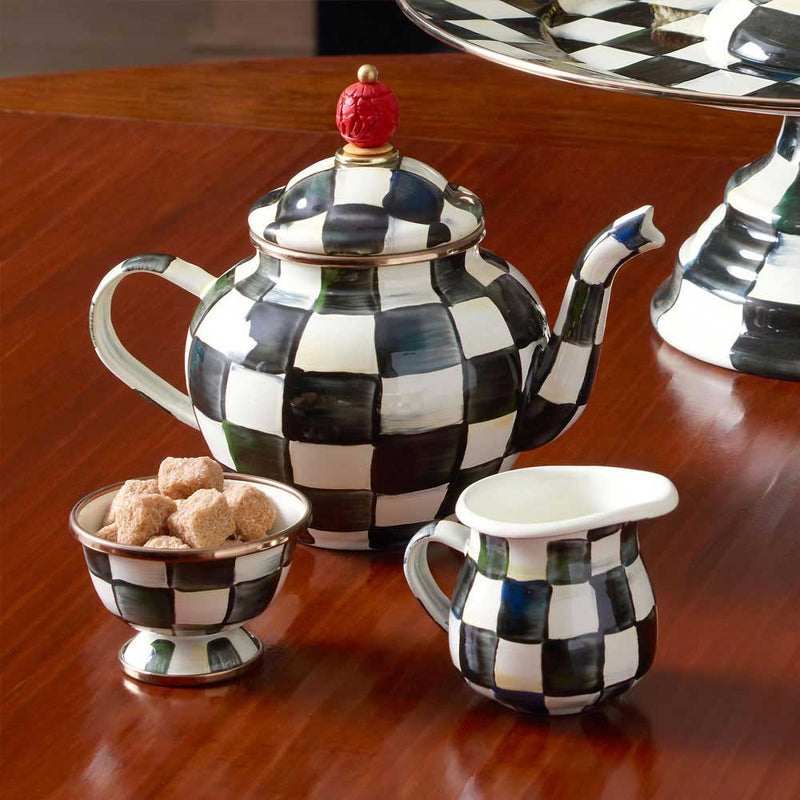 Mackenzie-Childs Courtly Check Enamel Little Creamer ith Mackenzie-Childs Courtly Check sugar bowl and Mackenzie-Childs Courtly Check tea kettle