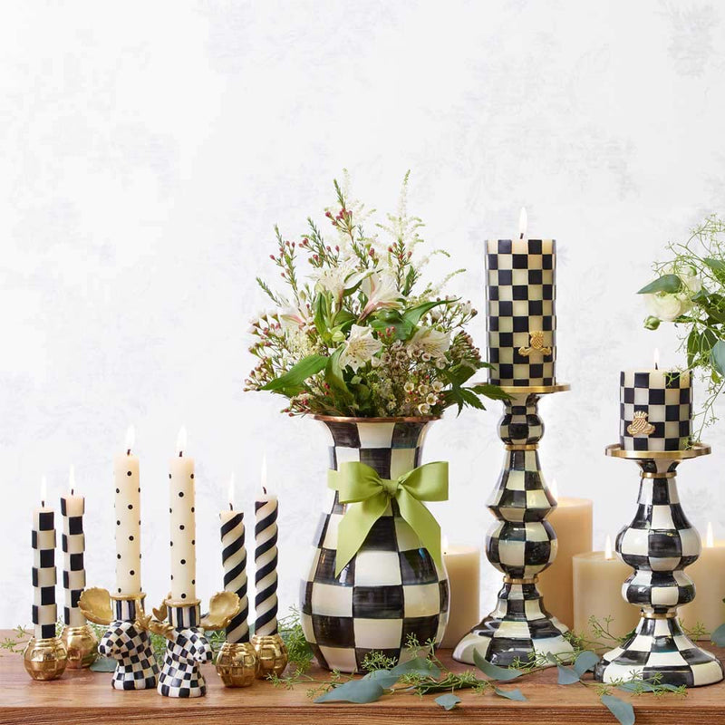 Mackenzie-Childs Courtly Check Enamel Pillar Candlesticks with Mackenzie-Childs Courtly Check jug