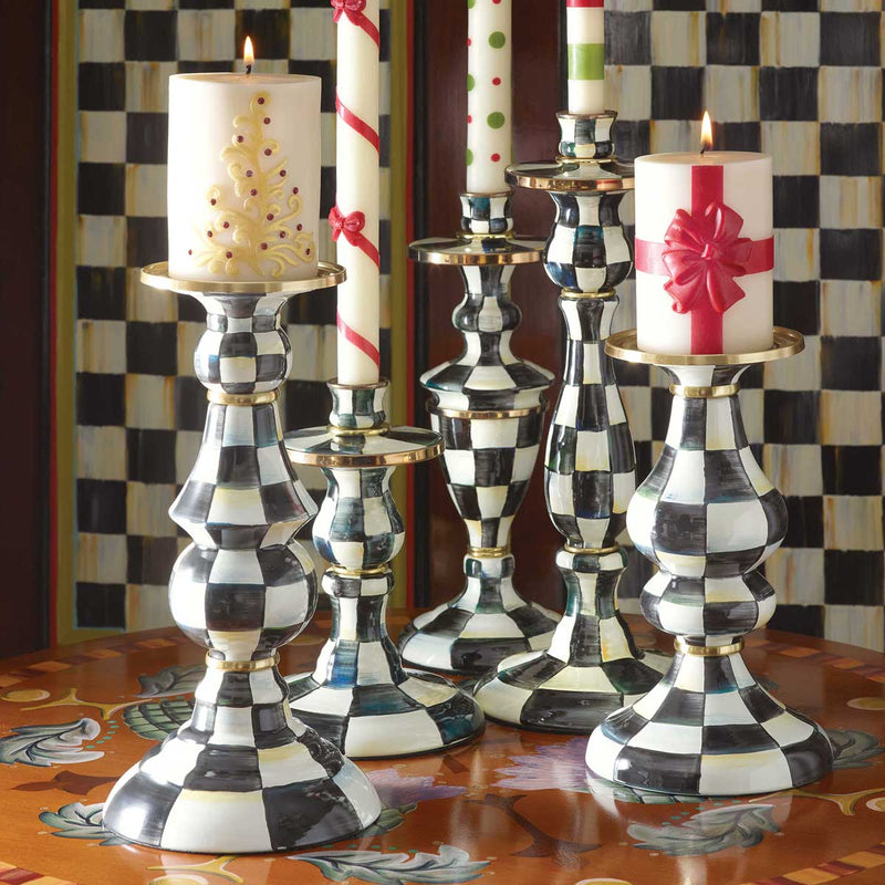 Mackenzie-Childs Courtly Check Enamel Pillar Candlesticks in multiple sizes