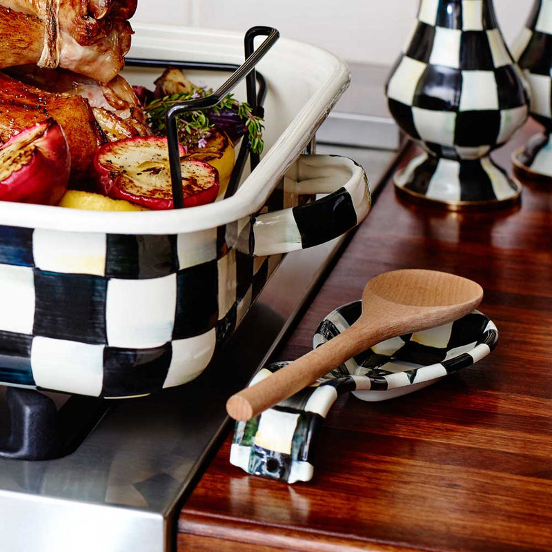Mackenzie Childs Courtly Check Enamel Spoon Rest displayed in a kitchen