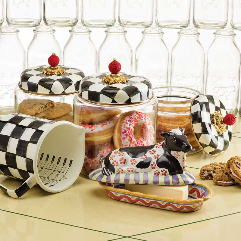 Mackenzie Childs Courtly Check Kitchen Canisters with donuts and cookies