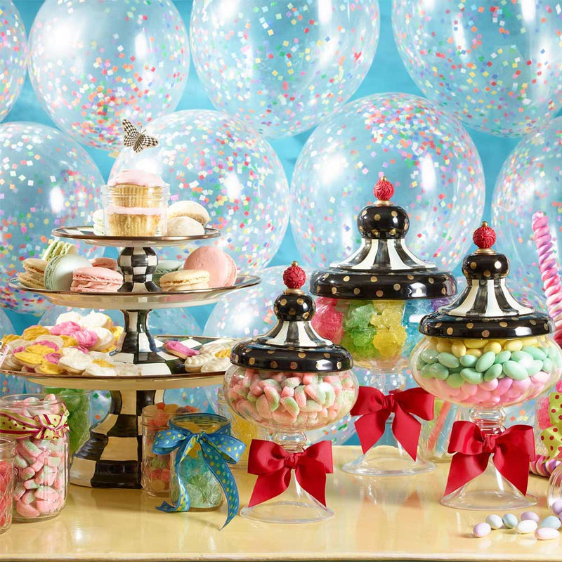 Mackenzie Childs Courtly Check Enamel Pedestal Platters with sweets jars and sweets