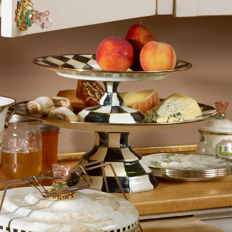 Mackenzie Childs Courtly Check Enamel Pedestal Platters with cheese and pastries