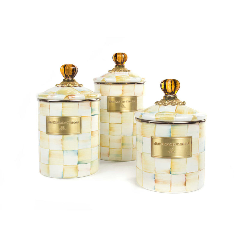 Mackenzie Childs Parchment Check Enamel Canisters in three sizes