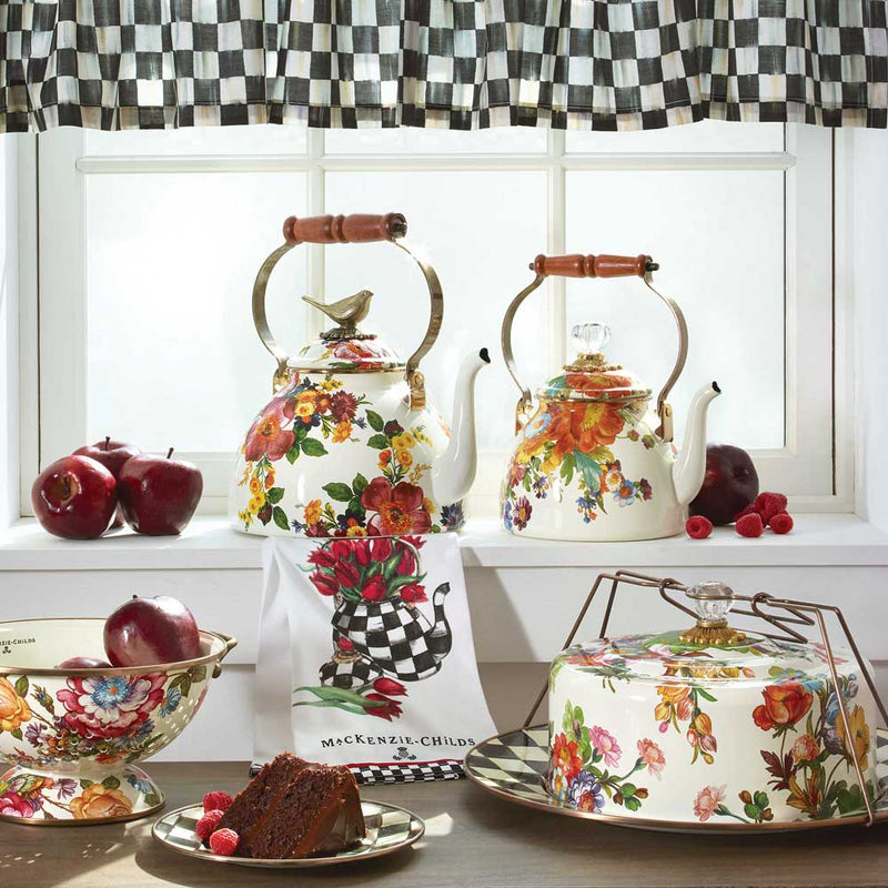 Mackenzie Childs Flower Market White Tea Kettle 3 Quart 