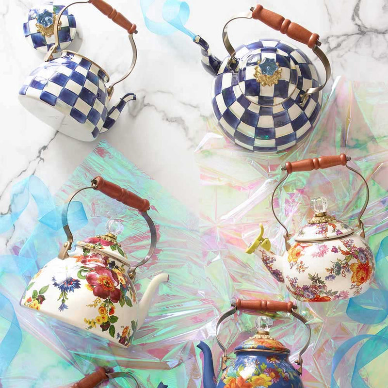 Mackenzie Childs Flower Market Tea Kettles with Mackenzie Childs Blue Parchment Tea Kettles