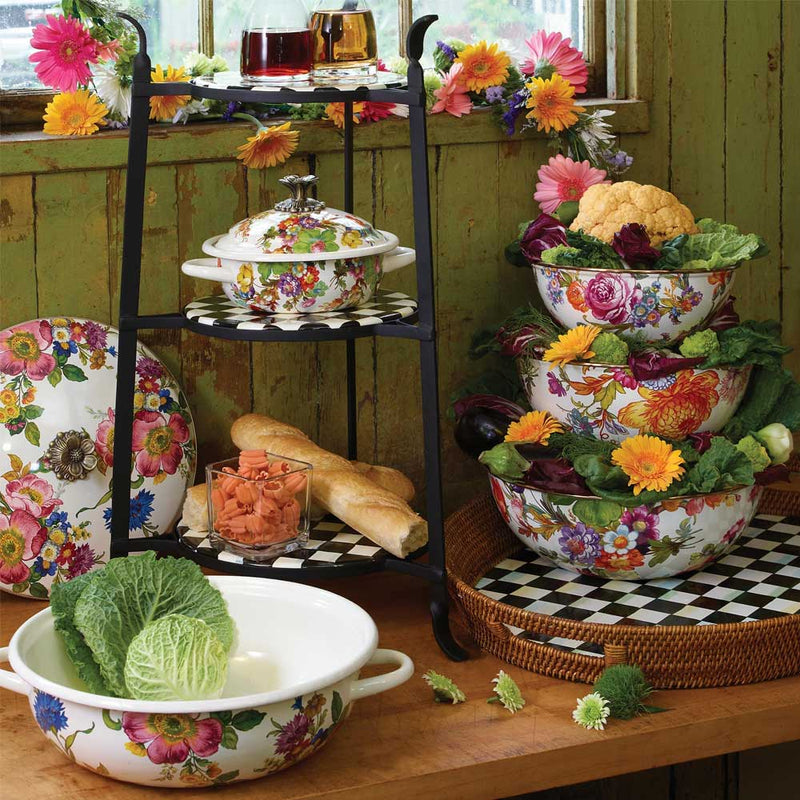 Mackenzie-Childs Flower Market Bowls with Mackenzie-Childs Flower Market colander and other pots