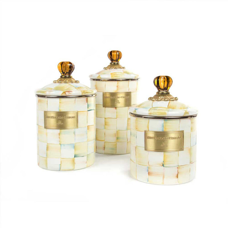 Mackenzie Childs Parchment Enamel Canisters in three sizes