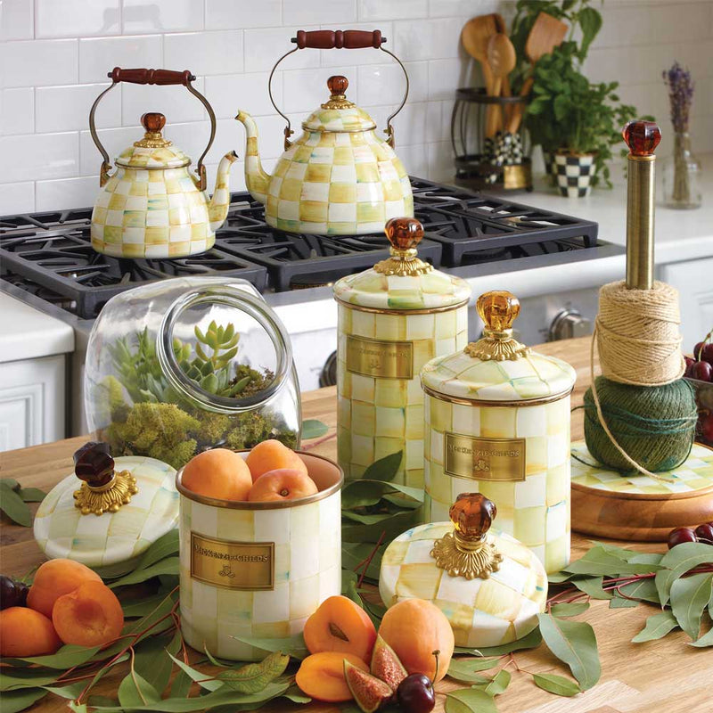 Mackenzie Childs Canisters in Parchment Enamel design