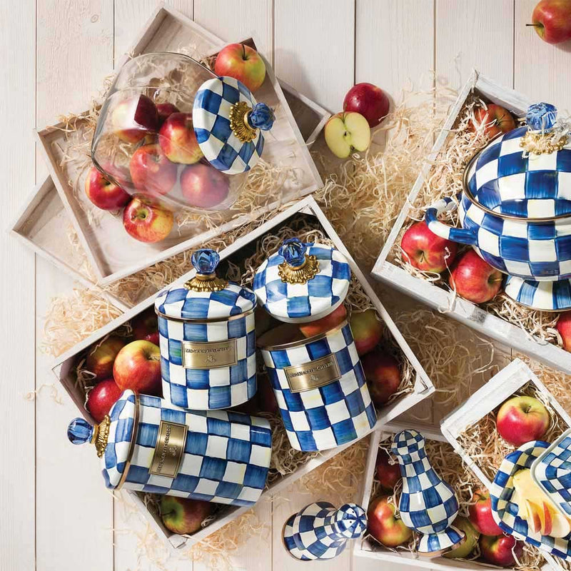 Mackenzie Childs Royal Check Canisters in three sizes with Mackenzie Childs Royal Check Cookie Jar