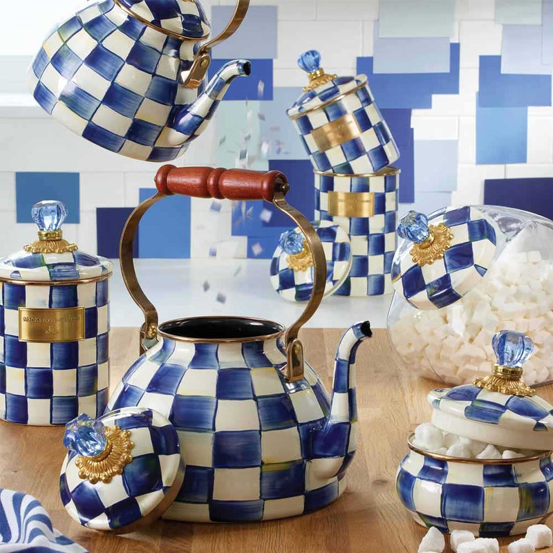 Mackenzie Childs Royal Check Canisters with Mackenzie Childs Royal Check Tea Kettles and Cookie Jars