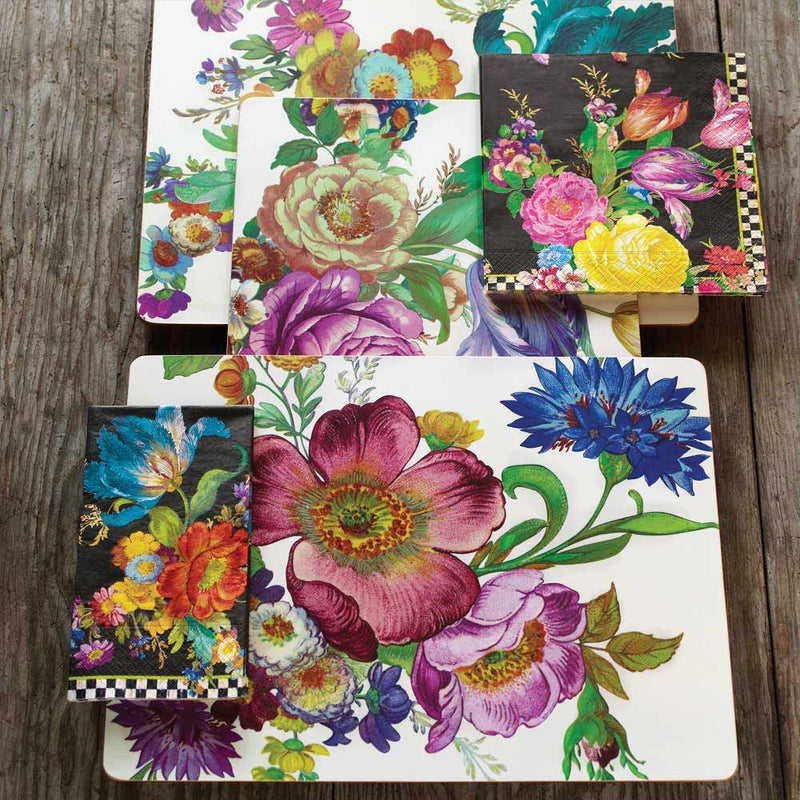 Mackenzie Childs Set of 4 Flower Market Placemats with Mackenzie Childs Black Flower Market plate