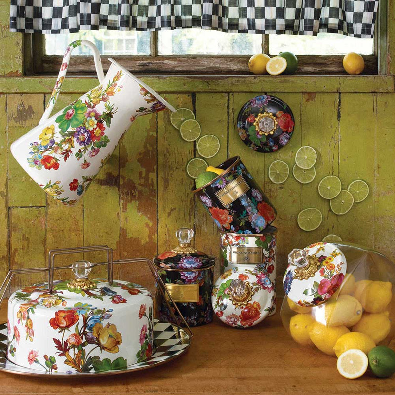 Mackenzie Childs White Flower Market Cookie Jar with Enamel Lid