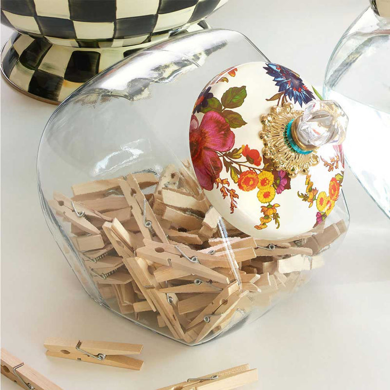 Mackenzie Childs Cookie Jar in White Flower Market with Enamel Lid