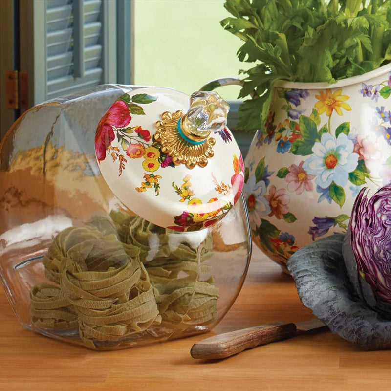 Cookie Jar in White Flower Market with Enamel Lid by Mackenzie Childs 