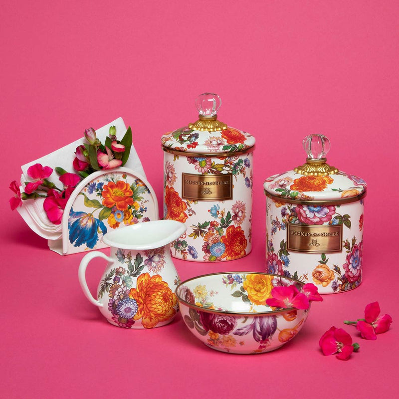Mackenzie Childs White Flower Market Medium Canister displayed with matching items