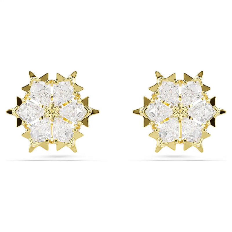 Swarovski Magic stud earrings, Mixed cuts, Snowflake, White, 18K gold finish