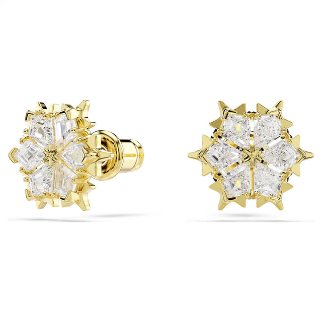 Swarovski Magic stud earrings, Mixed cuts, Snowflake, White, 18K gold finish