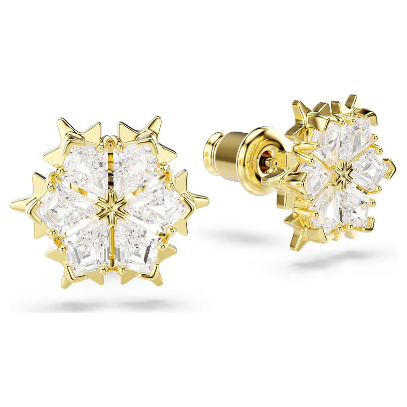 Swarovski Magic stud earrings, Mixed cuts, Snowflake, White, 18K gold finish
