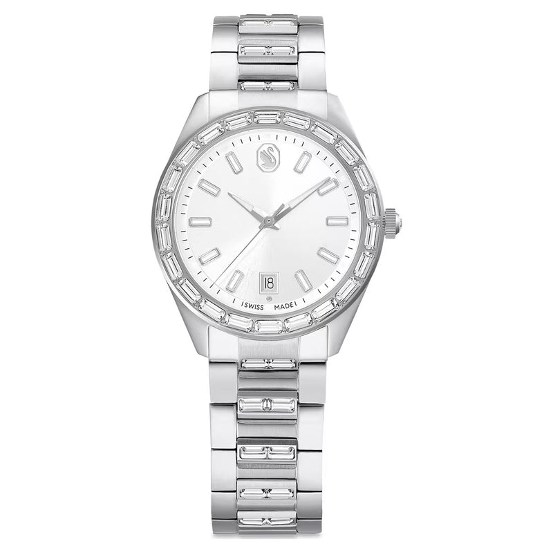 Swarovski Matrix date watch, Swiss Made, Metal bracelet, Silver Tone, Stainless steel