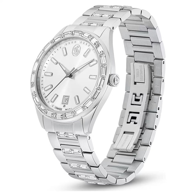 Swarovski Matrix date watch, Swiss Made, Metal bracelet, Silver Tone, Stainless steel