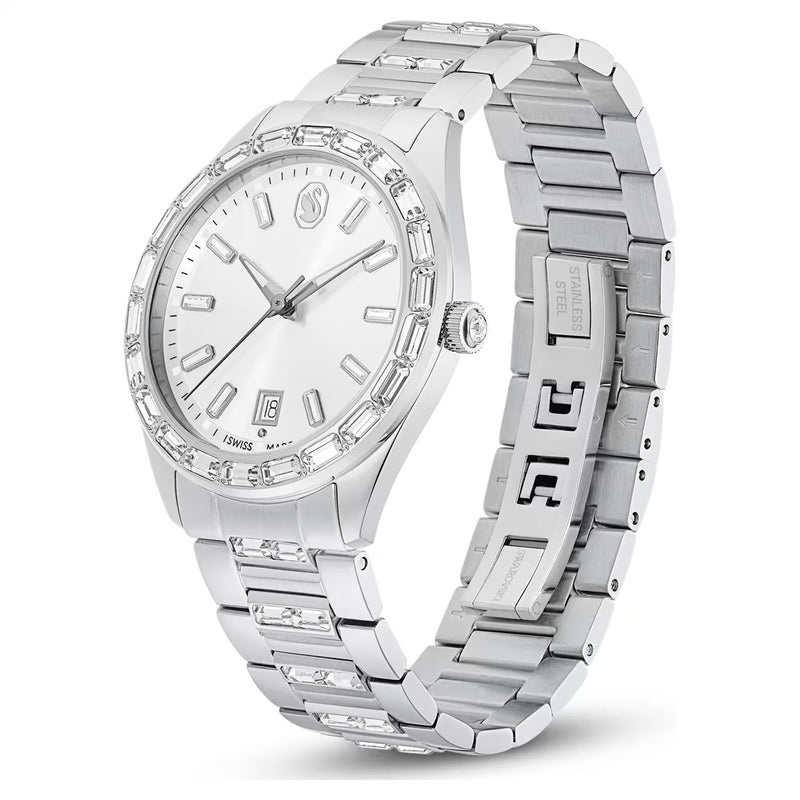 Swarovski Matrix date watch, Swiss Made, Metal bracelet, Silver Tone, Stainless steel