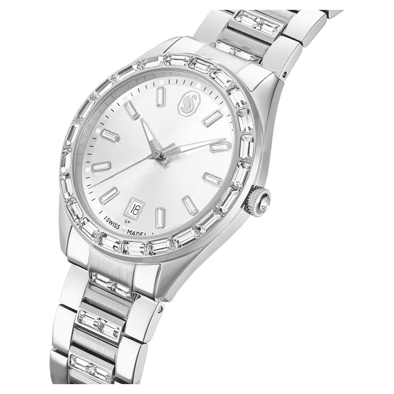 Swarovski Matrix date watch, Swiss Made, Metal bracelet, Silver Tone, Stainless steel