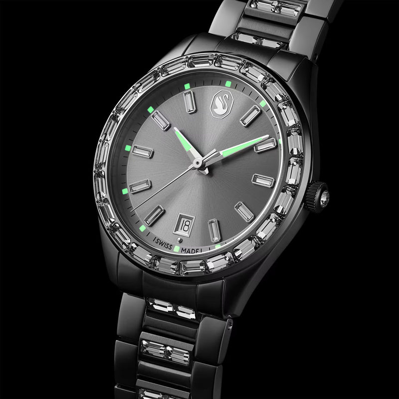 Swarovski Matrix date watch, Swiss Made, Metal bracelet, Silver Tone, Stainless steel