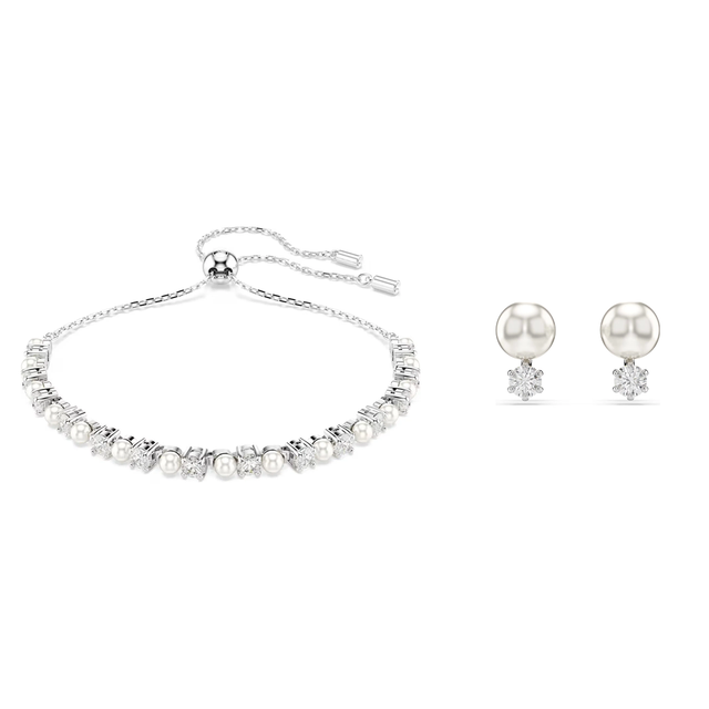 Swarovski Matrix Bracelet & Stud Jewellery Set of 2, Crystal Pearl, Round cut, White, Rhodium plated