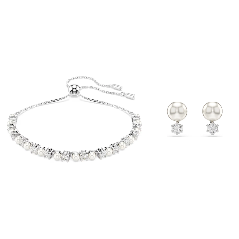 Swarovski Matrix Bracelet & Stud Jewellery Set of 2, Crystal Pearl, Round cut, White, Rhodium plated