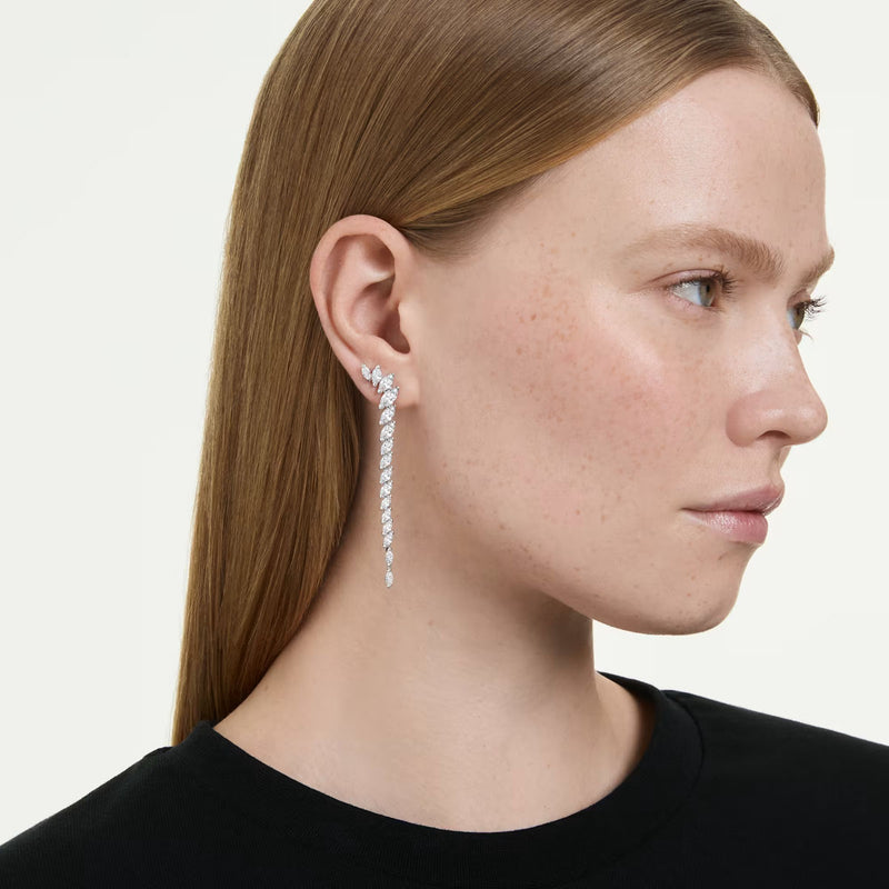 Swarovski Mesmera long earrings, Marquise cut, White, Rhodium plated