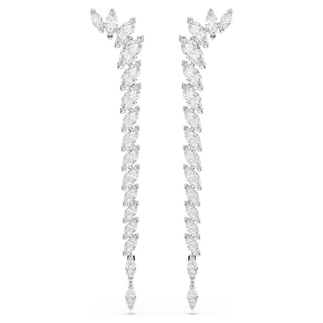 Swarovski Mesmera long earrings, Marquise cut, White, Rhodium plated