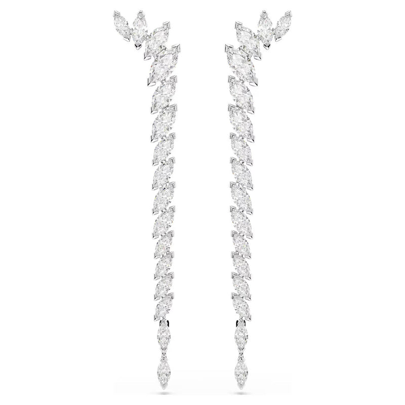 Swarovski Mesmera long earrings, Marquise cut, White, Rhodium plated
