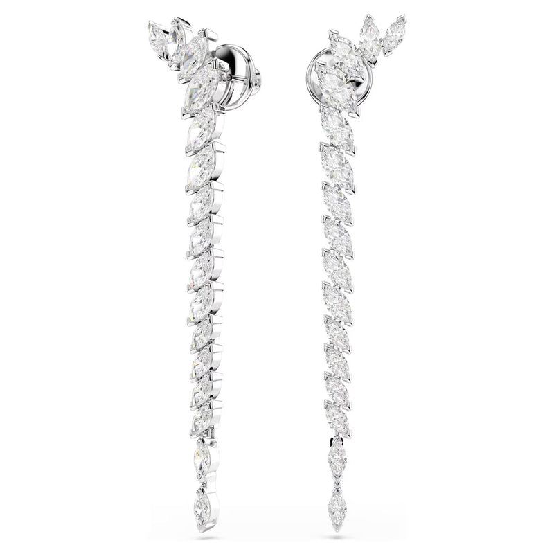 Swarovski Mesmera long earrings, Marquise cut, White, Rhodium plated