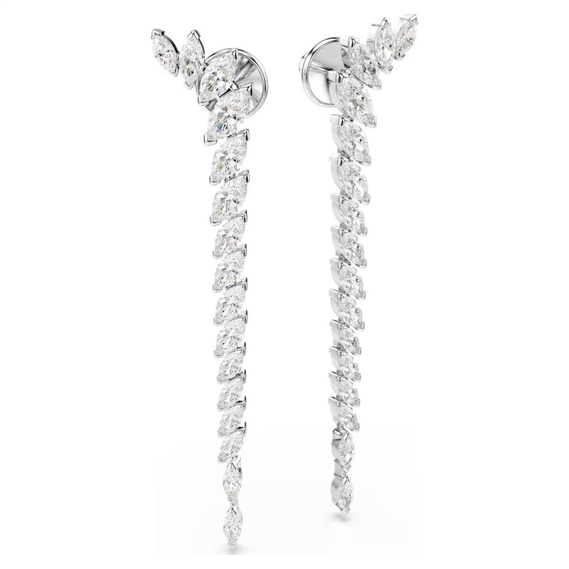 Swarovski Mesmera long earrings, Marquise cut, White, Rhodium plated