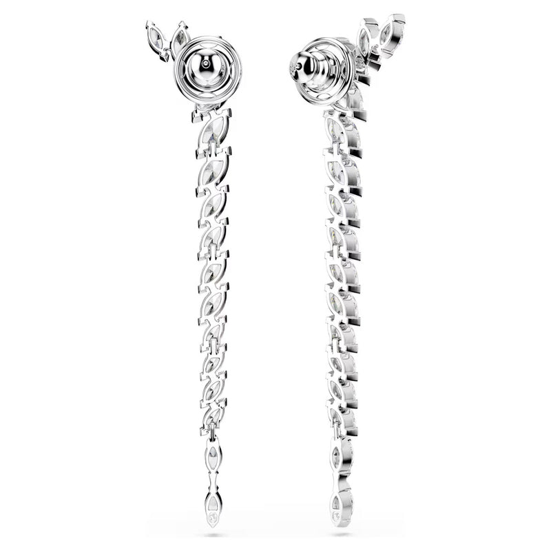 Swarovski Mesmera long earrings, Marquise cut, White, Rhodium plated