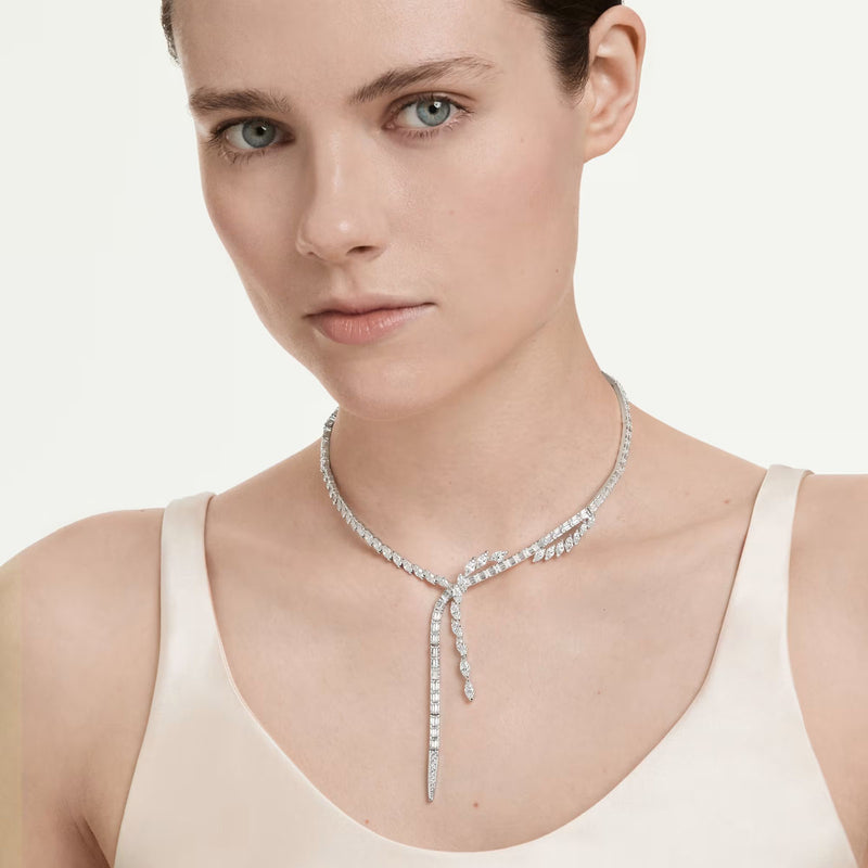 Swarovski Mesmera Spiral Y necklace, Mixed cuts, White, Rhodium plated