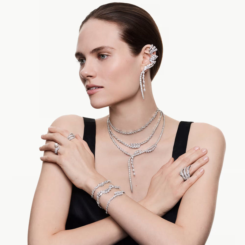 Swarovski Mesmera Spiral Y necklace, Mixed cuts, White, Rhodium plated