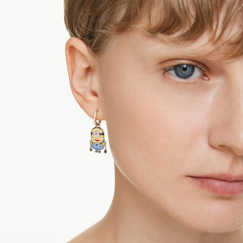 Swarovski Minions Stuart and Banana drop earrings Pavé, Mini, Multicolored, Gold-tone plated