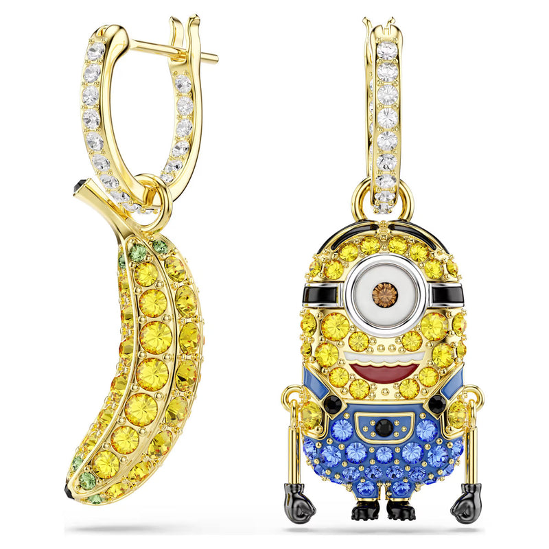 Swarovski Minions Stuart and Banana drop earrings Pavé, Mini, Multicolored, Gold-tone plated