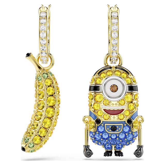 Swarovski Minions Stuart and Banana drop earrings Pavé, Mini, Multicolored, Gold-tone plated