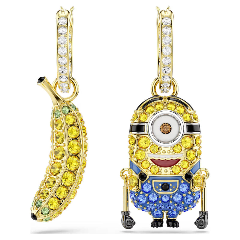 Swarovski Minions Stuart and Banana drop earrings Pavé, Mini, Multicolored, Gold-tone plated