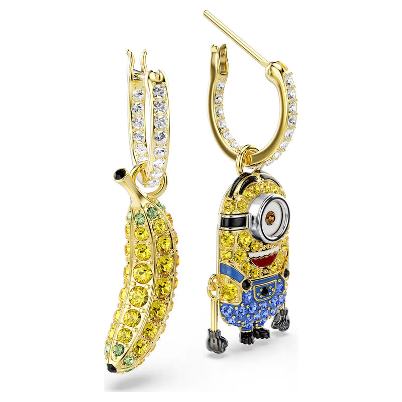 Swarovski Minions Stuart and Banana drop earrings Pavé, Mini, Multicolored, Gold-tone plated