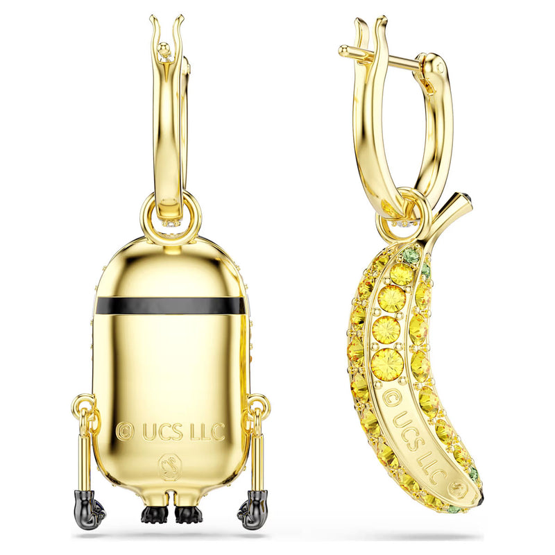 Swarovski Minions Stuart and Banana drop earrings Pavé, Mini, Multicolored, Gold-tone plated
