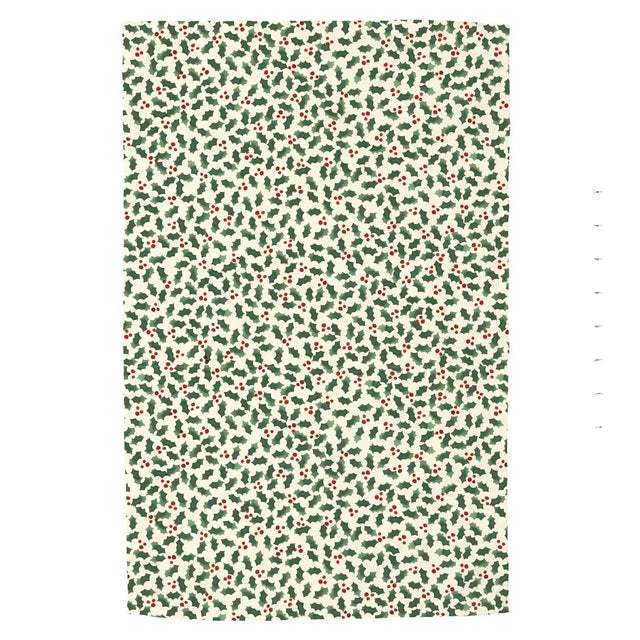 Cream tea towel with tiny holly scatter pattern, red berries and green leaves