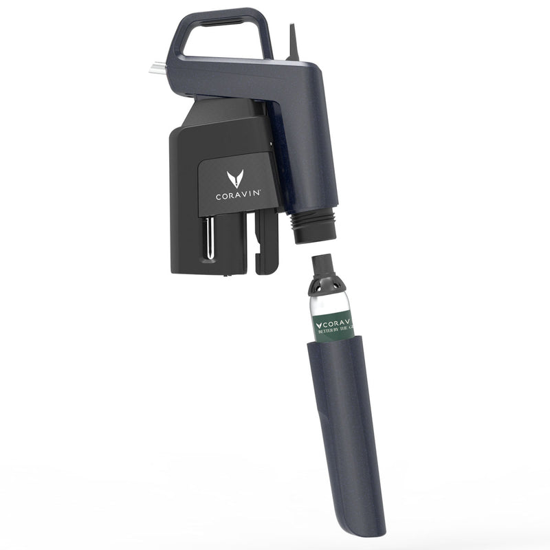 Coravin Timeless Six+ wine preservation device with a gas capsule being attached