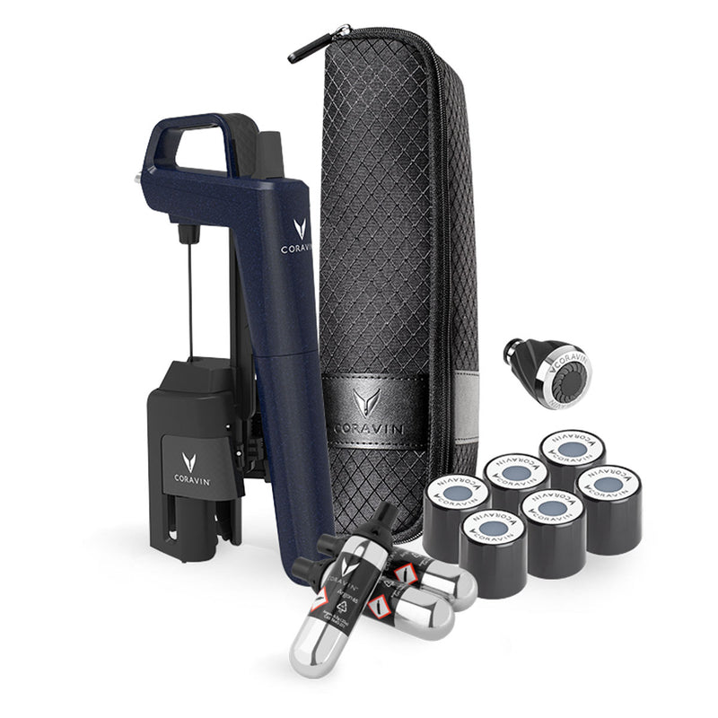 Coravin Timeless Six+ wine preservation system with blue device, carrying case, capsules and accessories